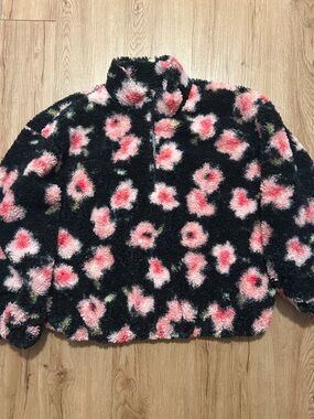 Sandy Liang XL Black Sherpa Pullover with Pink Floral Detail